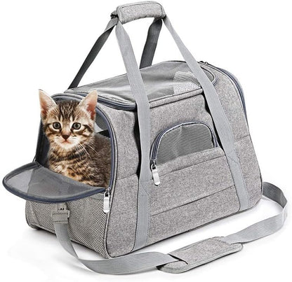 Pet Carrier Airline Approved Portable Soft Sides for Cat Small Dog Carrier Collapsible with Removable Pad Travel Carrier Mesh Ventilation Holes Shoulder-Strap (Gray)