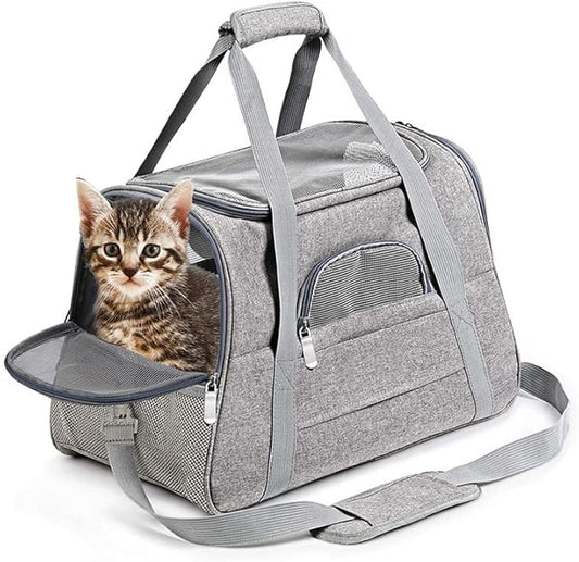Pet Carrier Airline Approved Portable Soft Sides for Cat Small Dog Carrier Collapsible with Removable Pad Travel Carrier Mesh Ventilation Holes Shoulder-Strap (Gray)