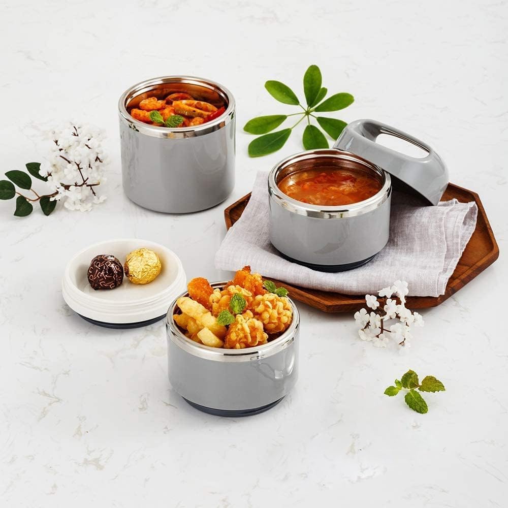 Lille Home Stackable Stainless Steel Thermal Compartment Lunch/Snack Box, 3-Tier Insulated Bento/Food Container with Lunch Bag, Cutlery Set and 3 Extra Seals, 43OZ (Gray)