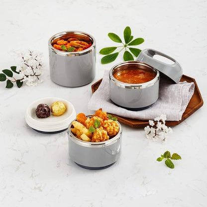 Lille Home Stackable Stainless Steel Thermal Compartment Lunch/Snack Box, 3-Tier Insulated Bento/Food Container with Lunch Bag, Cutlery Set and 3 Extra Seals, 43OZ (Gray)