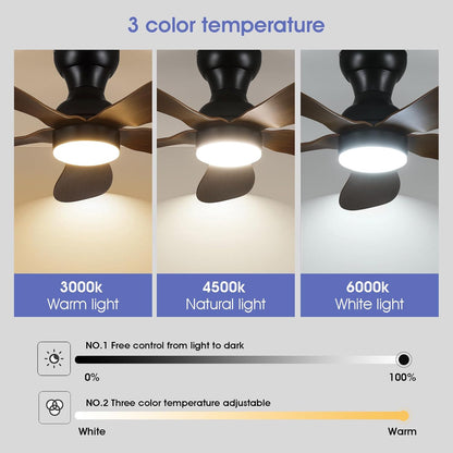 Modern Ceiling Fans with Lights Remote/APP Control, 29" Flush Mount Ceiling Fans with 3 CCT Dimmable Lights, Low Profile Ceiling Fans with 5 Propeller Blades LED Lights for Kids Room Bedroom, Brown - PuriLite