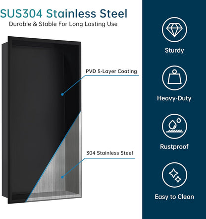 BLYLUND Shower Niche 12" x 24" NO Tile Needed,Matte Black Double Shelf Organizer, Square Corners Wall-Inserted Niche Recessed Shower Shelf Modern Soap Niche for Bathroom