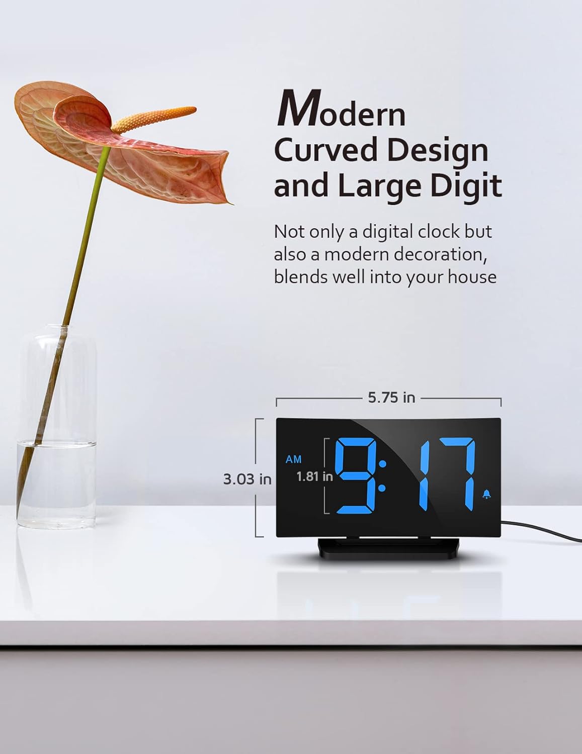 GOLOZA Digital Alarm Clock for Bedrooms, Modern Curved Design, Conspicuous Blue LED Numbers, 6 Levels Brightness, 3 Alarm Tones,2 Volume, Snooze, Power-Off Memory, 12/24H, Bedside Clock