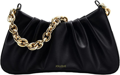 JOLLQUE Shoulder Bag for Women,Small Leather Handbag Purse,Gold Chain Evening Clutch