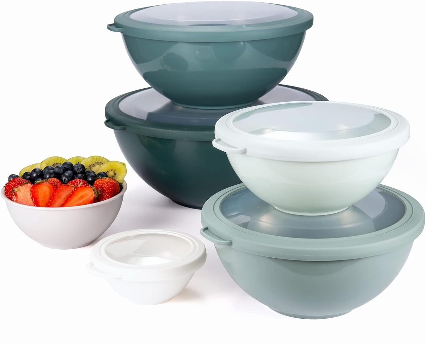 COOK WITH COLOR Mixing Bowls with TPR Lids - 12 Piece Plastic Nesting Bowls Set Includes 6 Prep Bowls and 6 Lids, Microwave Safe Mixing Bowl Set (Green)