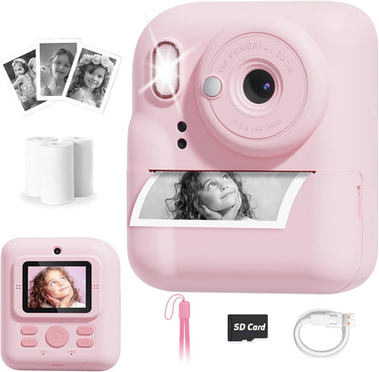 Pussan Kids Camera Instant Print, 1080P Instant Print Camera Toys for 3-12 Year Old Girls, Christmas Birthday Gifts for Age 3 4 5 6 7 Girls, Kids Digital Camera Toys with 3 Rolls Print Paper-Pink
