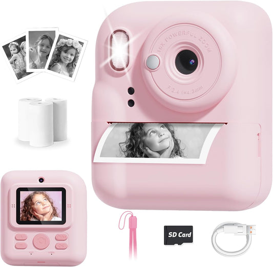 Pussan Kids Camera Instant Print, 1080P Instant Print Camera Toys for 3-12 Year Old Girls, Christmas Birthday Gifts for Age 3 4 5 6 7 Girls, Kids Digital Camera Toys with 3 Rolls Print Paper-Pink