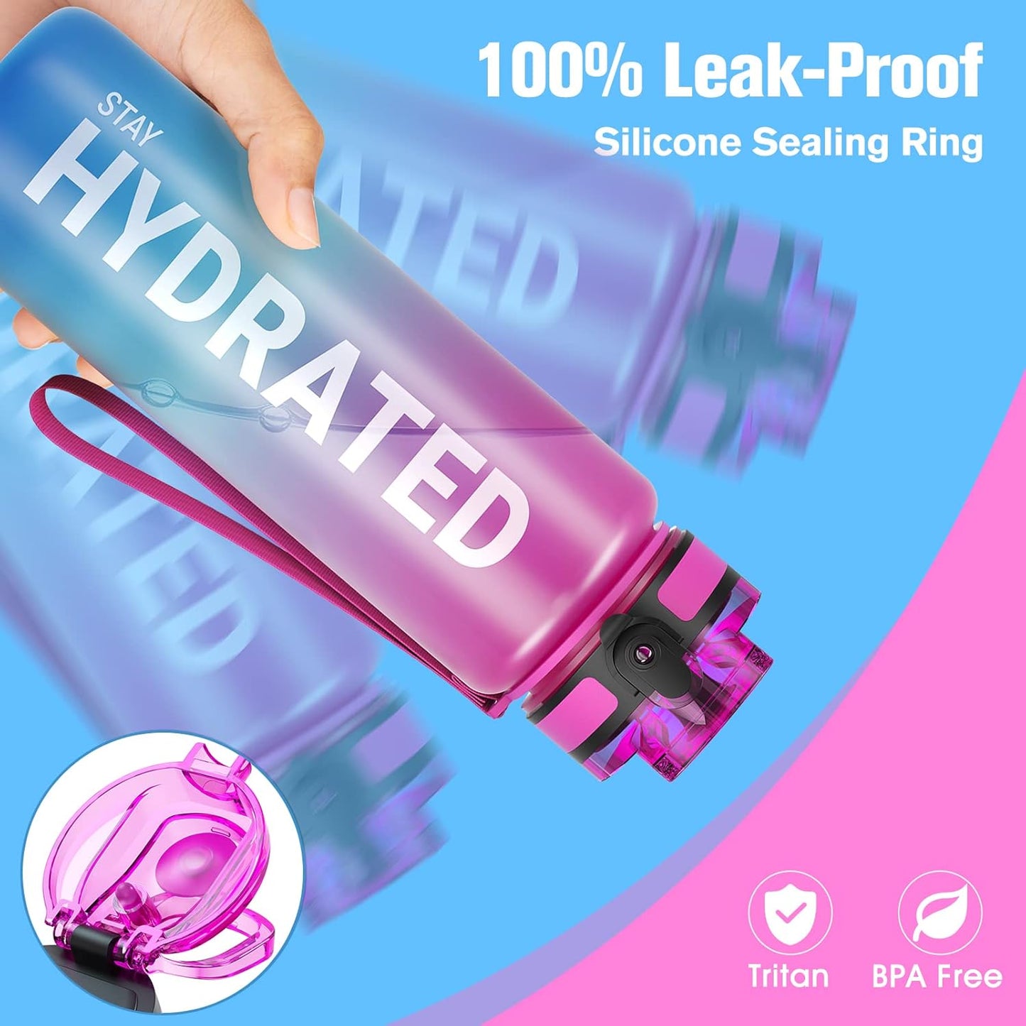 Sahara Sailor 32oz Motivational Sports Water Bottle – BPA-Free Tritan, Leakproof Wide Mouth Bottle with Time Markers and Fast Flow Technology, Includes Cleaning Brush - PuriLite