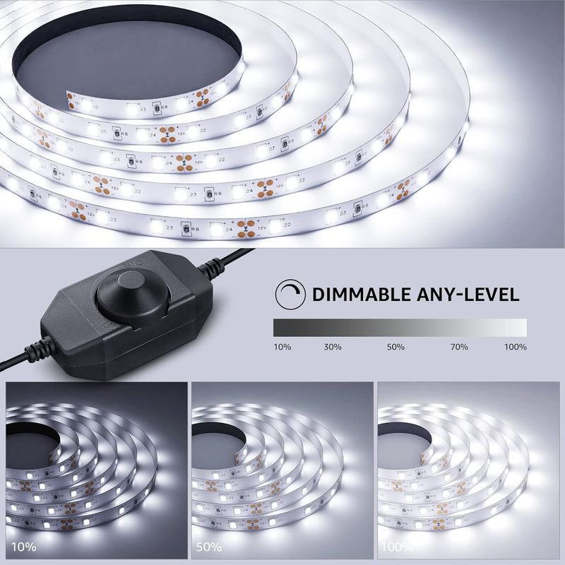 Lepro LED Strip Lights, 16.4ft 12V Dimmable Strip Lights, 6000K Daylight White, 300 Units 2835SMD LEDTape Light for Home, Kitchen, Bedroom, Car and More, Non Waterproof, Power Adapter Included