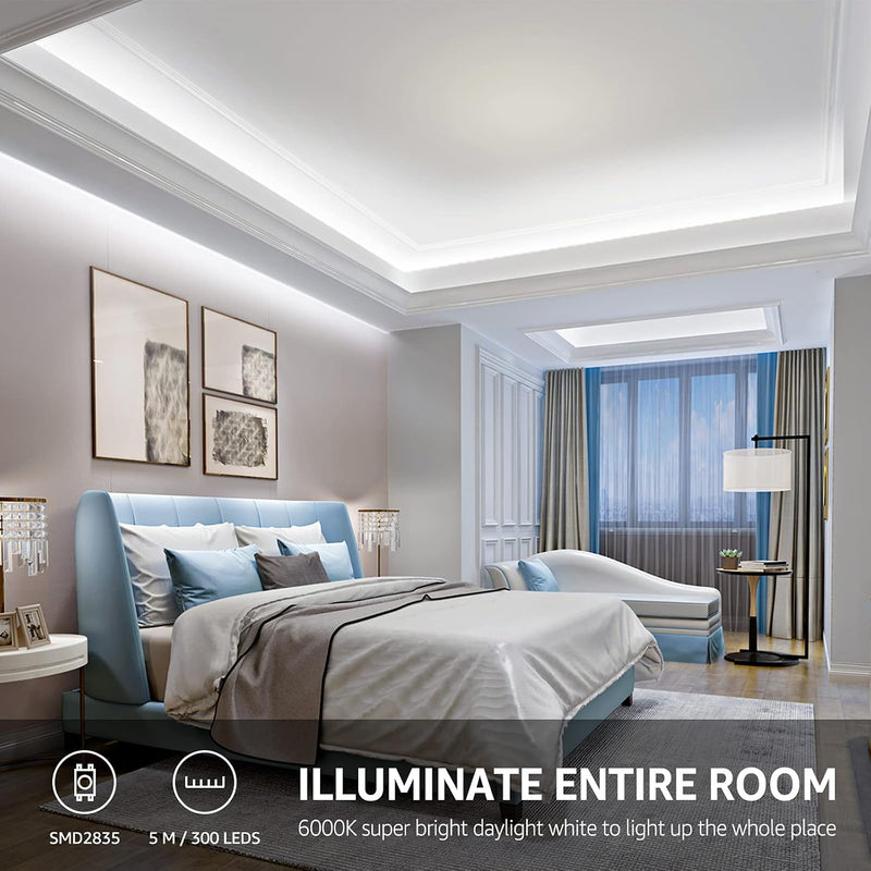 Lepro LED Strip Lights, 16.4ft 12V Dimmable Strip Lights, 6000K Daylight White, 300 Units 2835SMD LEDTape Light for Home, Kitchen, Bedroom, Car and More, Non Waterproof, Power Adapter Included