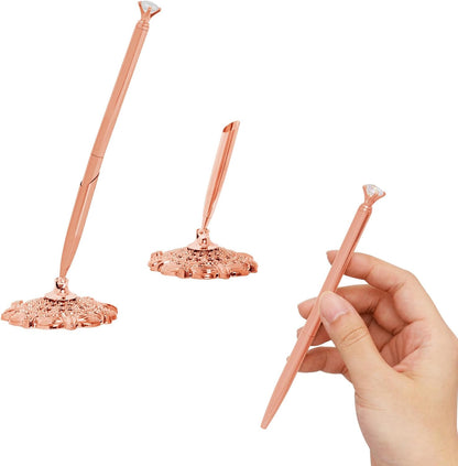 Bcxfbxd 2 Pcs Hollow Round Pen Holder with Diamond Metal Pen Stand Holder Set Signing Pen Set Signing Desk Ballpoint Pens for Guest Book Wedding Birthday Graduation Teacher Office Business (Gold)
