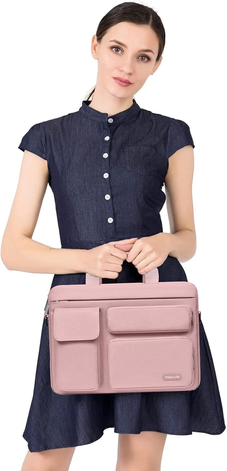 MOSISO Laptop Bag 16 inch, 15-15.6 inch Computer Shoulder Bag Compatible with MacBook Air 15 M4 M3 M2/Pro 16 M4 M3 M2 M1, Notebook &2 Raised&1 Flapover&1 Horizontal Pocket&Handle&Belt, Pink - PuriLite