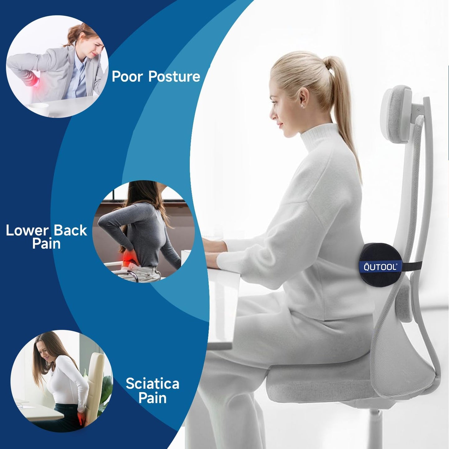 QUTOOL Lumbar Support Pillow for Office Chair – Lumbar Roll Cushion for Car Seat, Adjustable Strap, Soft Foam, Removable Washable Cover