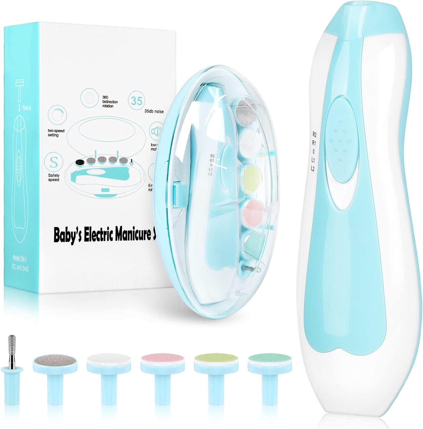 Qunlions life Electric Nail File Drill for Baby, No Sharp Claws Hurt, 6 in 1 Safety Cutter Trimmer Clipper for Toes and Fingers (Blue)