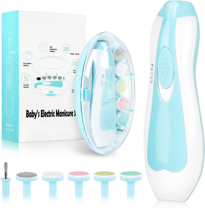 Qunlions life Electric Nail File Drill for Baby, No Sharp Claws Hurt, 6 in 1 Safety Cutter Trimmer Clipper for Toes and Fingers (Blue)