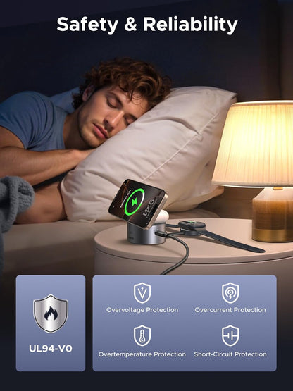 UGREEN MagFlow 15W 3-in-1 Fast Wireless Charger, QI2 Certified Magsafe Foldable Charging Stand Compatible with iPhone 16/15/14/13, AirPods 4/3/2/Pro, iWatch (Includes 45W Adapter and 3FT USBC Cable)