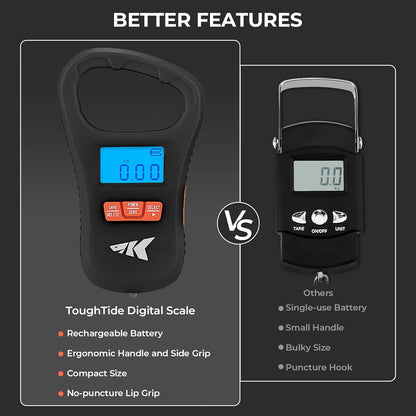 KastKing Fish Scale with Lip Gripper, ToughTide USB Charging Fishing Scale Built-in Measuring Tape, 65lb Capacity, Ultra-Thin Digital Fish Scale, LCD Display, Ergonomic Handle, Black Combo