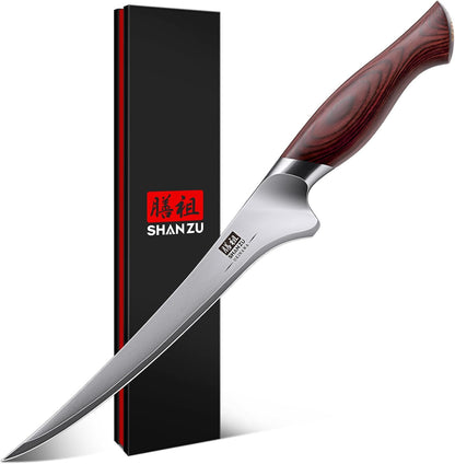 SHAN ZU Fillet Knife 7 inch, Razor Sharp Boning Knife for Meat in 10Cr15Mov Japanese High Carbon Steel Fish Knife, Professional Kitchen with Flexible Blade and Ergonomic Pakkawood Handle