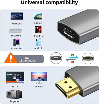 USB C Female to HDMI Male Adapter, 4K@60Hz Uni-Directional USB Type C Source to HDMI 2.0 Display Converter Thunderbolt 3/4 to HDMI for MacBok Pro/Air, Galaxy,Surface,i-Phone 16 15 Series - 1 Pack