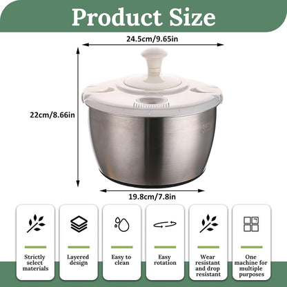 Salad Spinner 5L Dual Layer Stainless Steel & PP Lettuce Spinner with Lid & Rotating Handle Multi-Purpose Quick Dry Fruit and Vegetable Wash for Kitchen