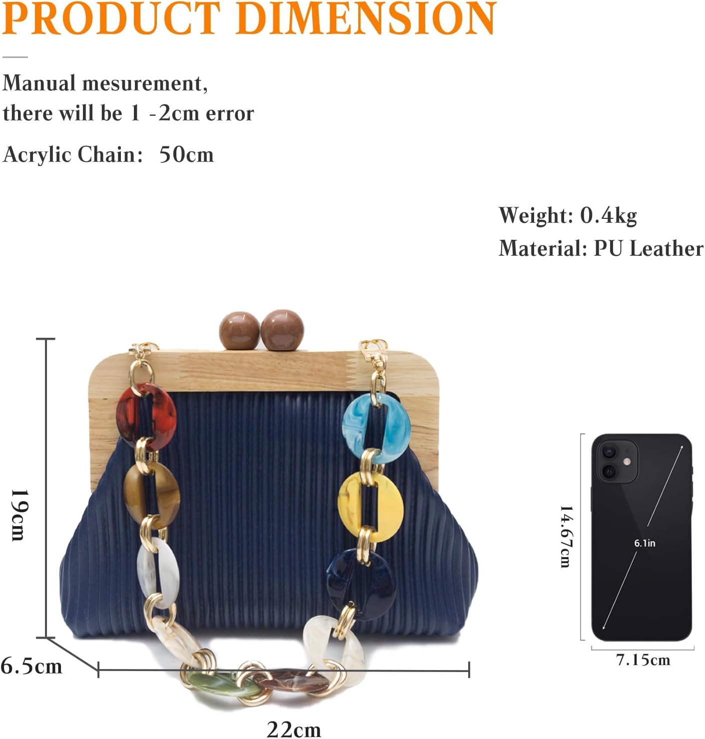 CORIOS Women Evening Bag Pleated Clutch Bag Wooden Beads Handbag Bridal Wedding Purse Elegant PU Leather Shoulder Bag