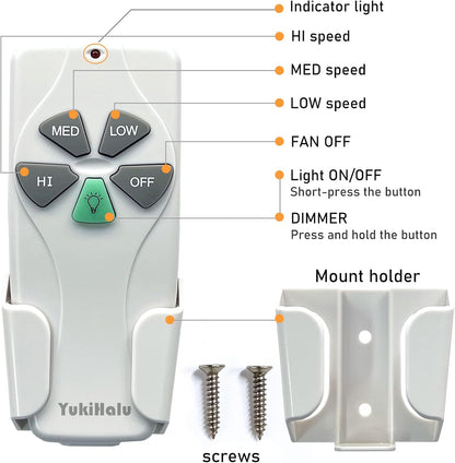 YukiHalu Universal Ceiling Fan Remote Control Kit, 3 Fan Speeds and Light Dimmer, for Hunter Harbor Breeze Westinghouse Honeywell and Others
