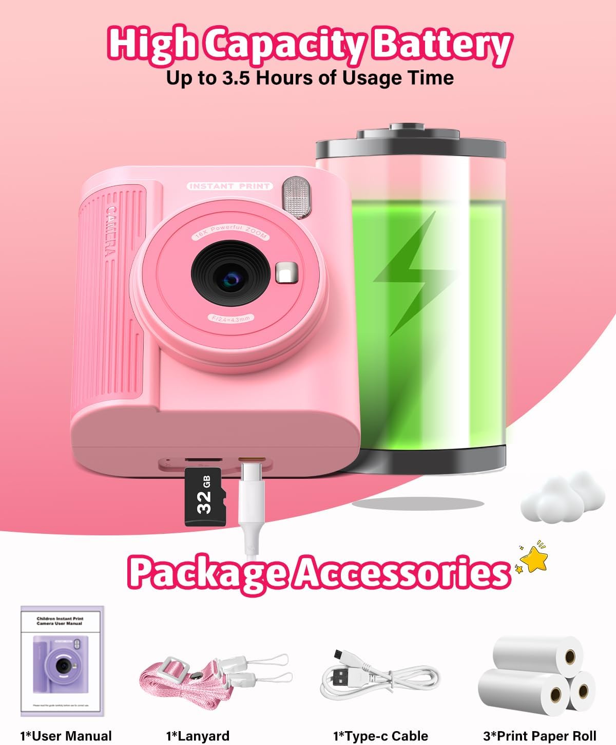 Mgaolo Kids Camera with Instant Print, Thermal Printing Digital Camera Gift for 3-12 Years Old Children, Safe Ink-Free Design, Toy for Creativity & Learning (Black)