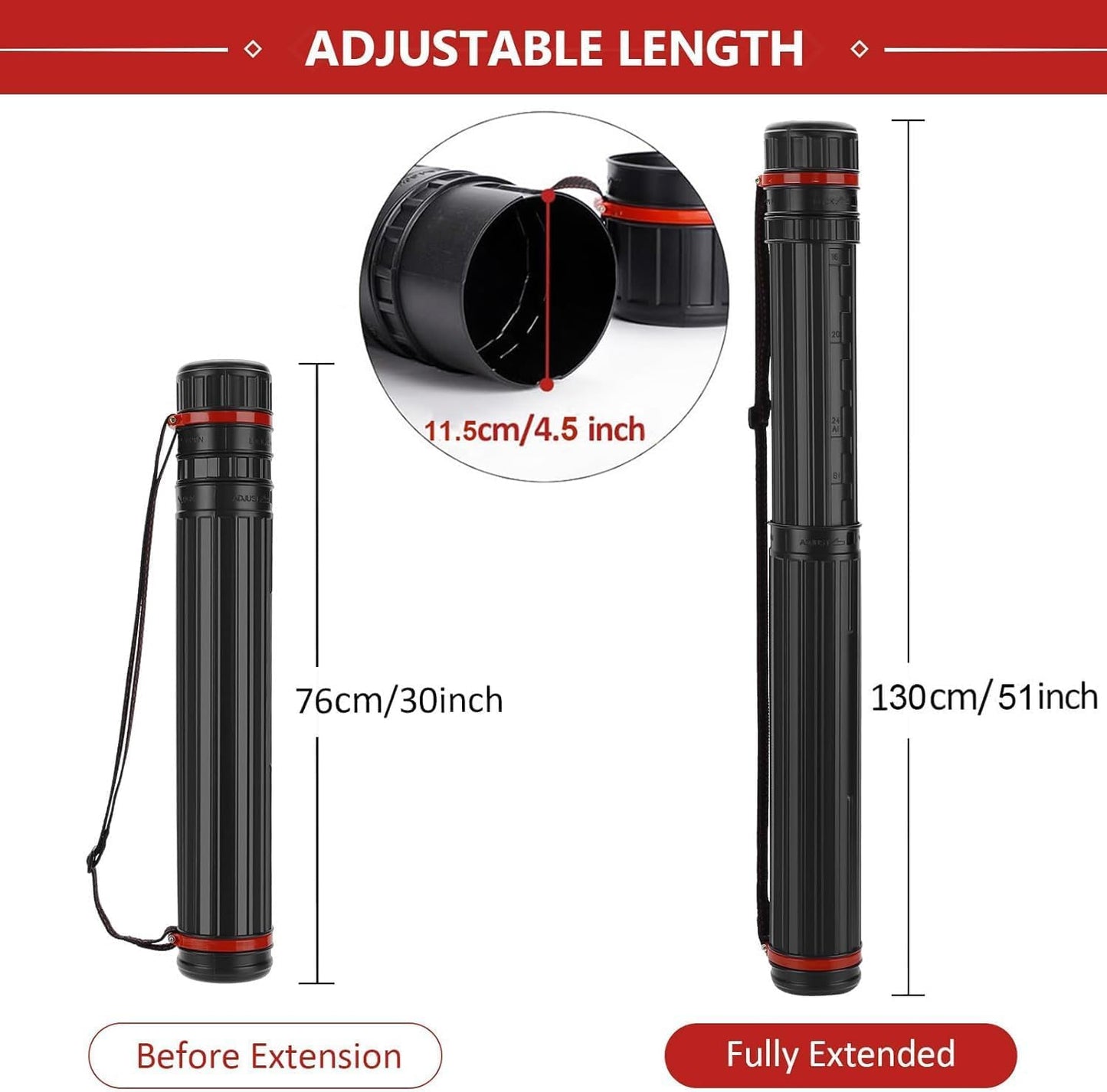 DEWEL Drawing Tube Blueprint Case Telescoping Art Tube Expands from 30”to 52”, Large Plastic Black Fishing Rods Storage Tube Waterproof and Light Resistant Poster Tube with Strap (XL Size)