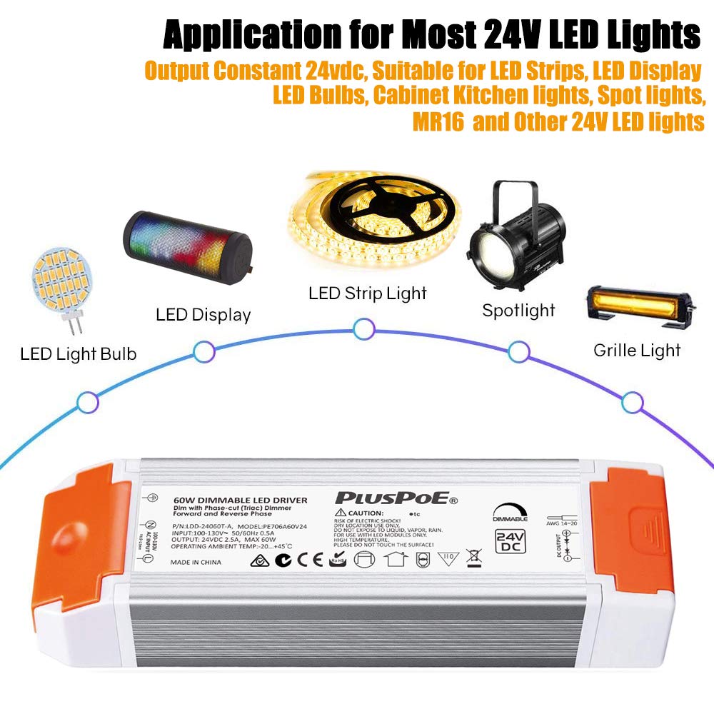 24V 60W Dimmable LED Driver, Universal Regulated 24v DC SCR dimmable Led Transformer Power Supply, 0-100% Dimming, Compatible with Lutron, Leviton Dimmers for LED Strip Lights