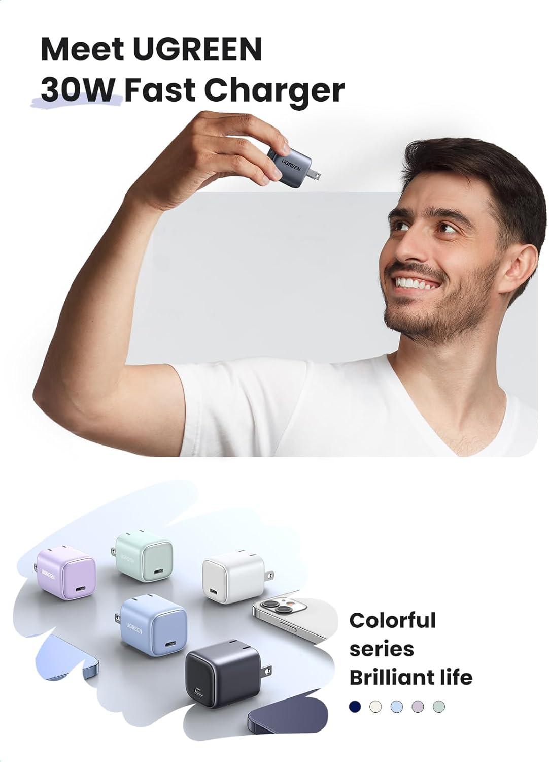 UGREEN USB C Charger Block 30W, Foldable Nexode Fast Charger GaN Fast Charging, USB C Wall Plug Compatible for iPhone16 Pro Max 15, Galaxy S24 Series, Pixel 8 Pro 7, MacBook Air, iPad, Black