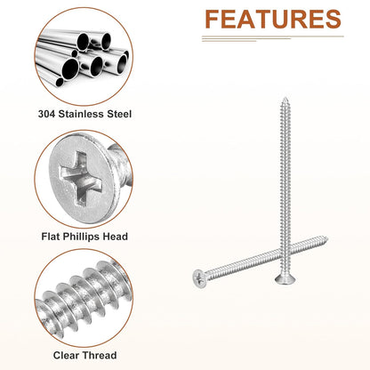 DTGN 100Pcs #8x1 Flat Head Wood Screws, 304 Stainless Steel Phillips Self Tapping Screws - Good for Woodworking, Furniture - Silver