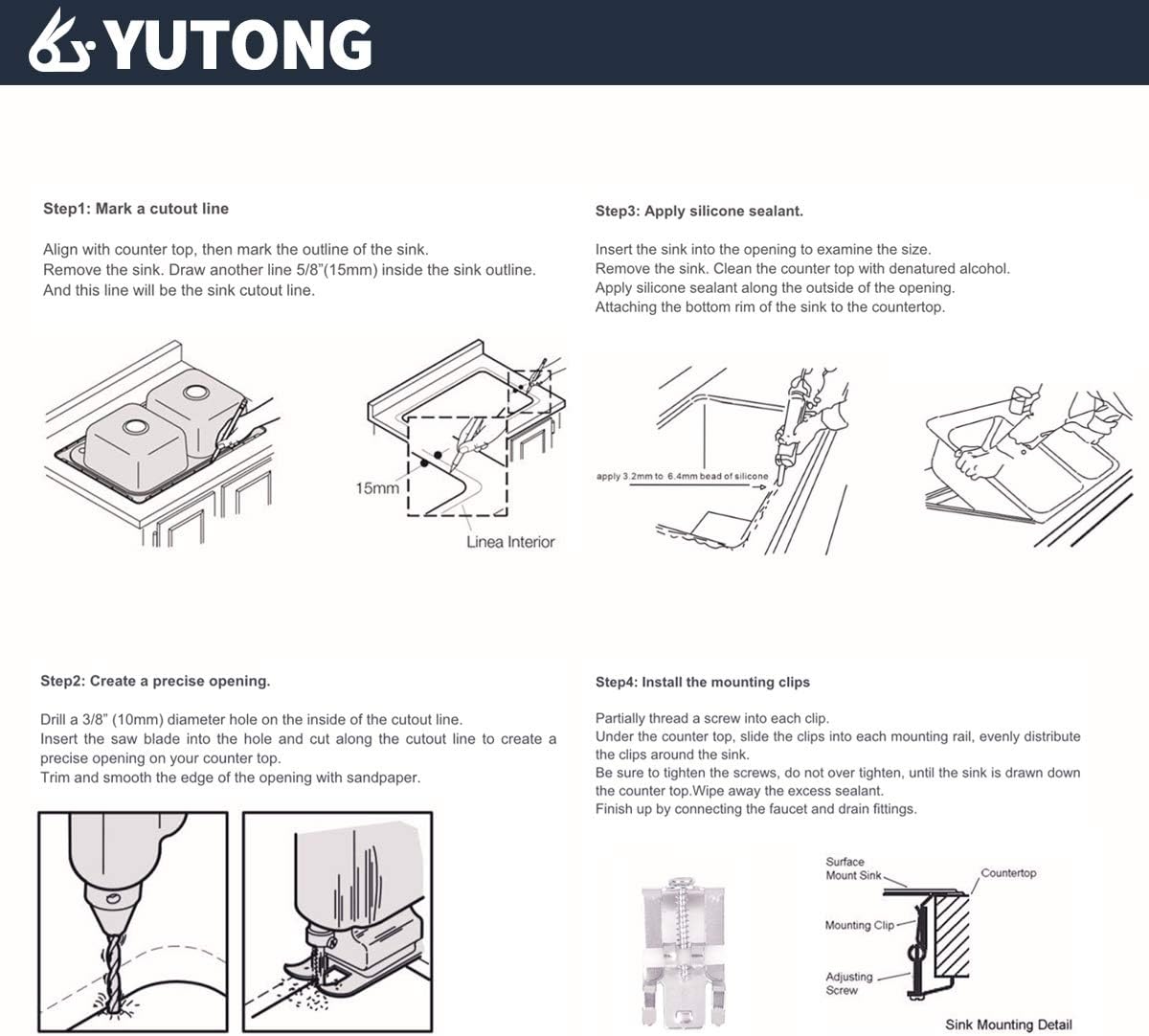 Yutong 16" x 20" Top-Mount/Drop in SS304 Stainless Steel Kitchen Black Sink Single Bowl Without Grid