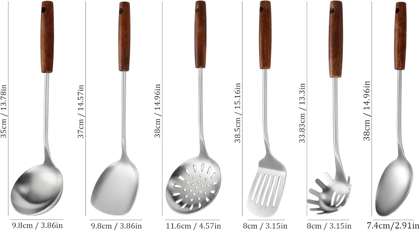 304 Stainless Steel Kitchen Utensils Set, 6 Pcs Long Cooking Utensils Set with Wooden Handle, Large Heat Resistant Kitchen Tools(Dishwasher Safe)