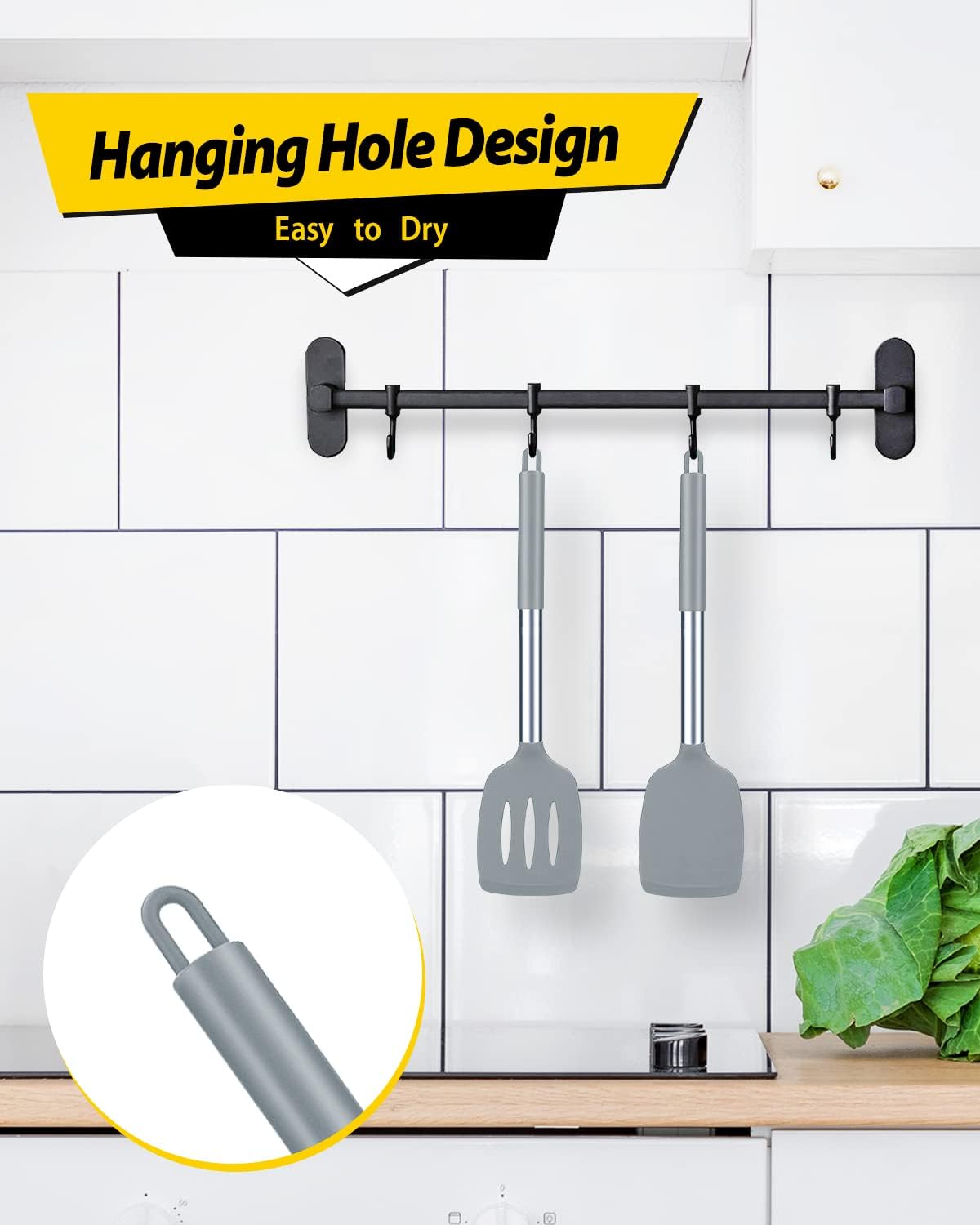 Pack of 2 Silicone Slotted Spatula,Non Stick Solid Kitchen Turner, High Heat Resistant BPA Free Cooking Utensils for Fish, Eggs, Pancakes（Black