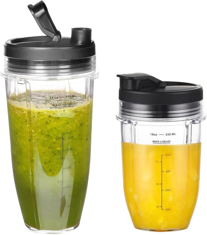 2-Pack Cup Replacement Parts with Lid for Ninja Blender Auto-iQ BL450C BL451C BL481C BN751C BN750C BN801 BN801C BN400C Nutri Ninja Food Processor SS101C SS150C SS151C SS351C,18oz & 24oz Smoothie Cups
