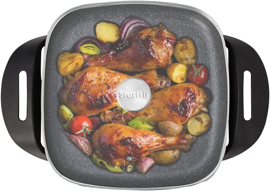 Starfrit The Rock Electric Skillet - 12" x 12" - Rock.Tec Non-Stick Cooking Surface - Tempered Glass Lid - 1200W