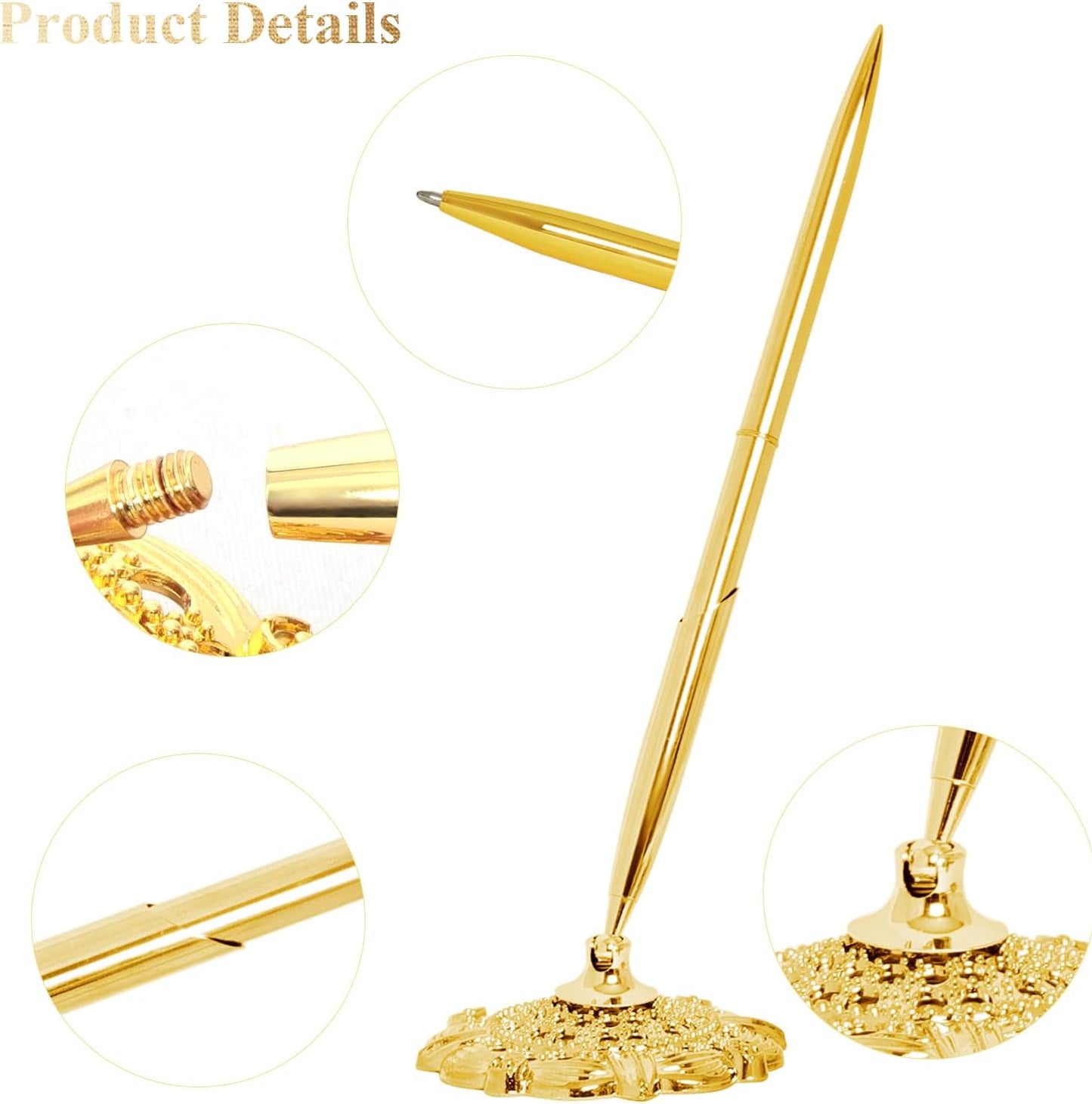 Bcxfbxd 2 Pcs Hollow Round Pen Holder Metal Pen Stand Holder Set Signing Pen Set Signing Desk Ballpoint Pens for Guest Book Wedding Birthday Party Graduation Teacher Office Business (Gold)