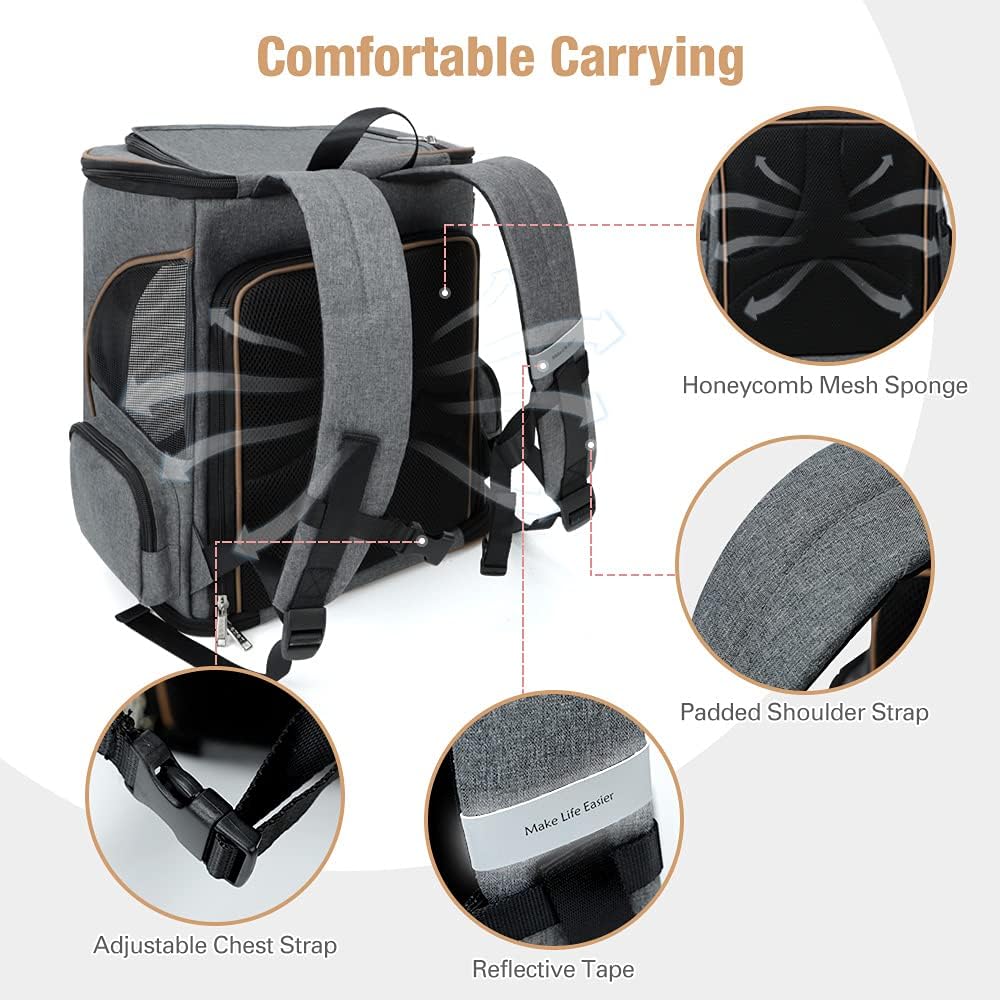 Lekesky Cat Backpack Expandable Dog Carrier Backpack Airline Approved Pet Backpack Carrier for Cats, Small Dogs, Puppies Under 13 Lbs, Grey