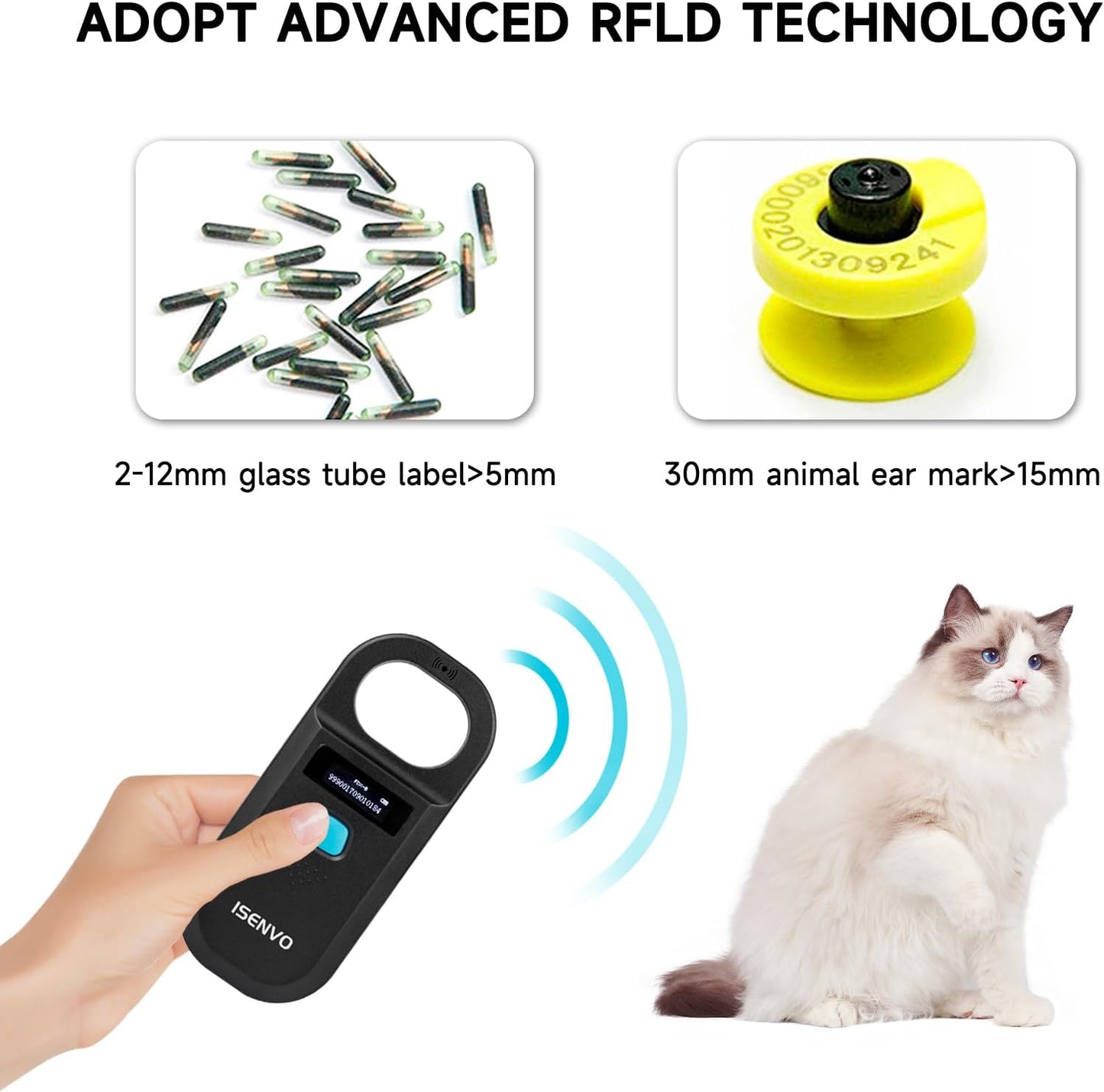Pet Microchip Scanner | 15-Digit RFID Animal Chip Reader with Rechargeable Battery, USB Connectivity and Backlit Display