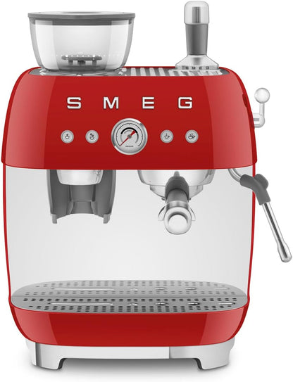 Smeg 50's Retro Style Semi-Automatic Espresso Coffee Machine with Built-in Grinder, Coffee & Latte Drinks, Double-Thermoblock Heating System, Red, EGF03RDUS