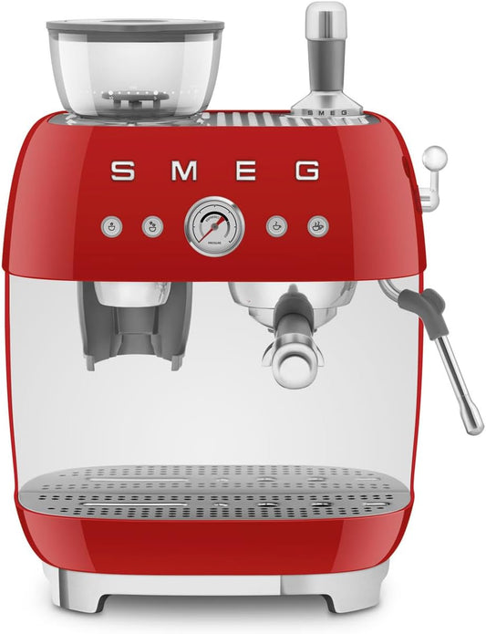Smeg 50's Retro Style Semi-Automatic Espresso Coffee Machine with Built-in Grinder, Coffee & Latte Drinks, Double-Thermoblock Heating System, Red, EGF03RDUS
