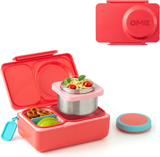 OmieBox UP bento box for kids | Insulated lunch box | Insulated food jar | Cooler ice pack | 2 Compartments (Cherry Pink)
