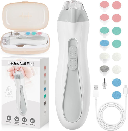 Prolixity Baby Nail Trimmer Electric, 15 in 1 Baby Nail Clippers for Gentle Nail Care, Rechargeable Baby Nail File Electric with Light &15 Grinding Pads for Infant Toddler, Grey