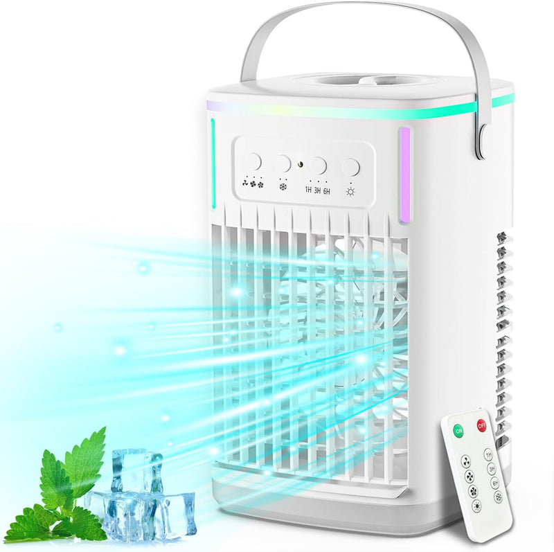 Portable Air Conditioners Fan with Remote, 4-in-1 Portable AC with 1500ml Water Tank, 3 Wind Speeds, 6H Timer, 2 Cool Mist, 7 Lights, Personal Mini Air Conditioner for Room Bedroom Office (Black)
