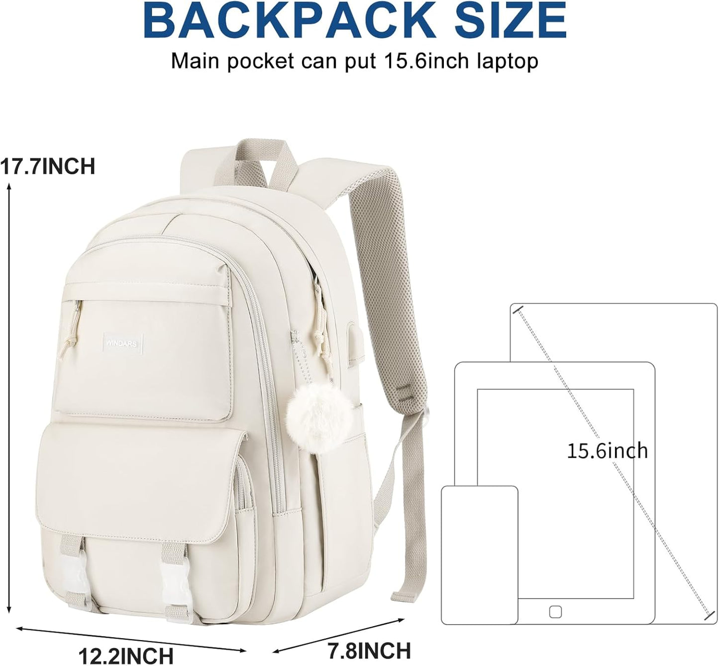 WINDARS Backpacks for Girls, 15.6 Inch School Bag Cute Waterproof laptop Bookbag Large College Backpack for Teen Women Students Anti Theft Travel Daypack Black