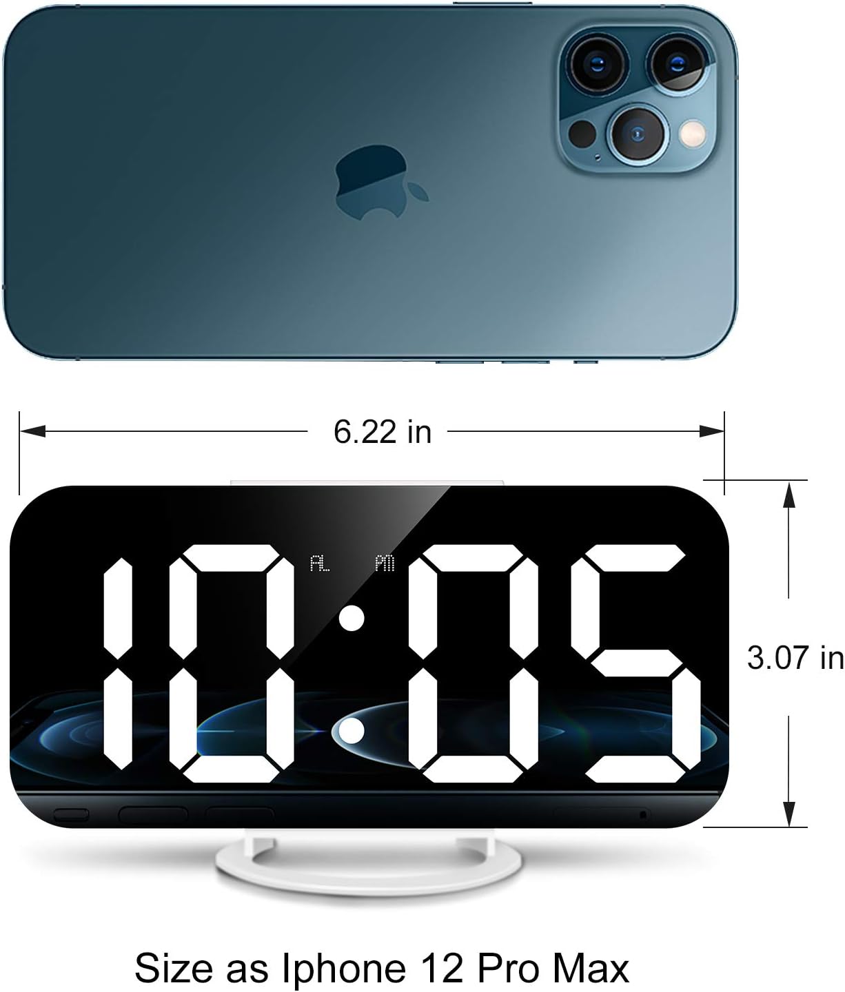 Digital Alarm Clock,Large LED Mirror Display, 2 USB Charging Ports，Auto Dim Mode，Modern Design Clock for Bedroom Office, White
