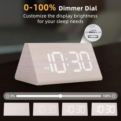 Odokee Wooden Digital Alarm Clock for Bedroom: Electric Desk Clock with Large LED Display - Brown