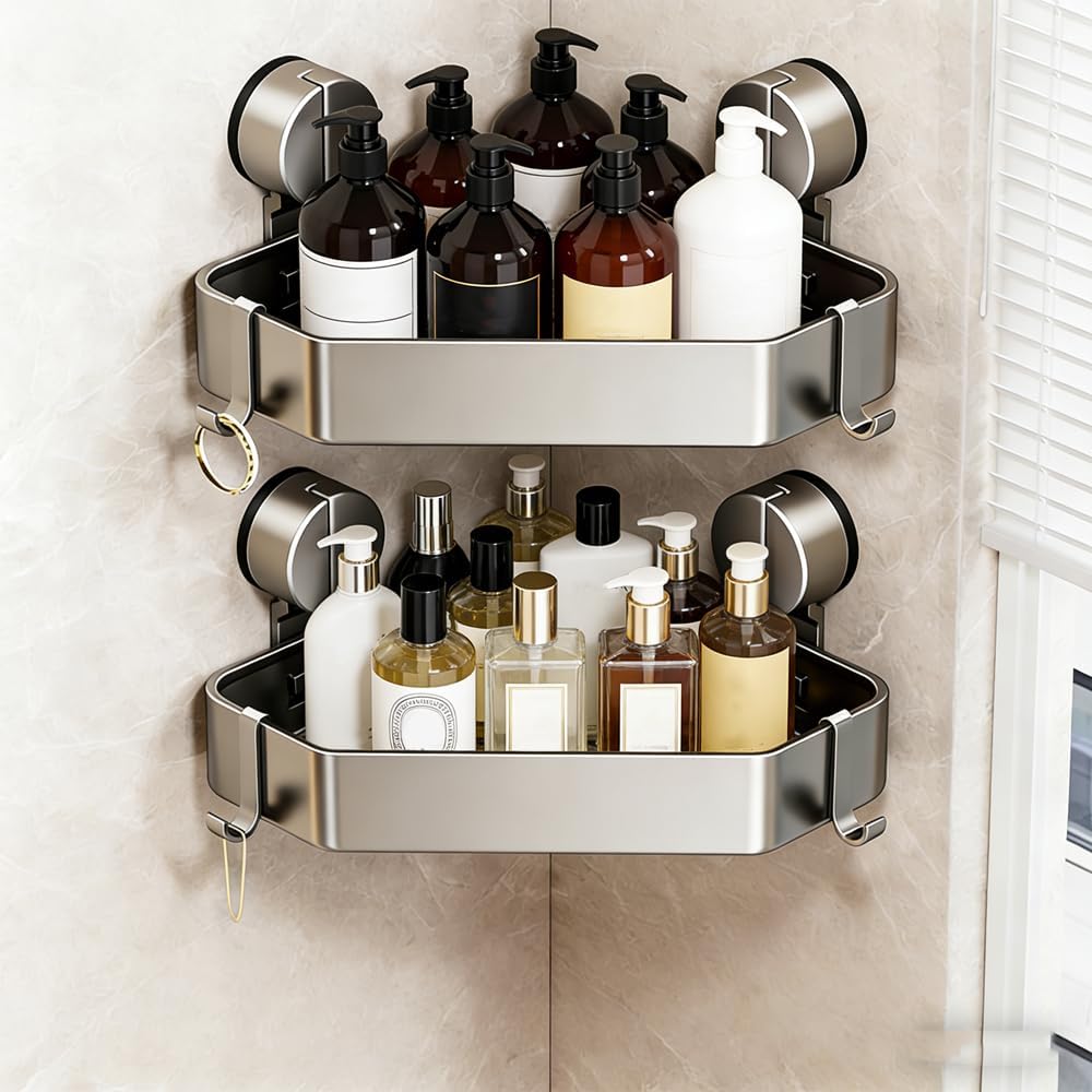 2Pcs Corner Shower Caddy No Drill Rustproof Aluminum Space-Saving Strong Suction Cup Diamond Design Bathroom Shelf Organizer, with 4 Hooks Bathroom Shampoo Holder