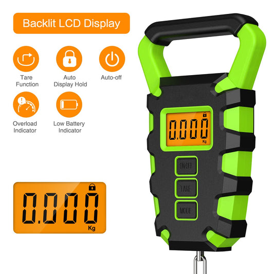 JXTZ Digital Fishing Scale, 110 lb / 50 kg Digital Luggage Scale with Backlit LCD Display, IPX4 Waterproof Hanging Scale with Measuring Tape, for Ice Fishing, Home Outdoor, Batteries Included - Green