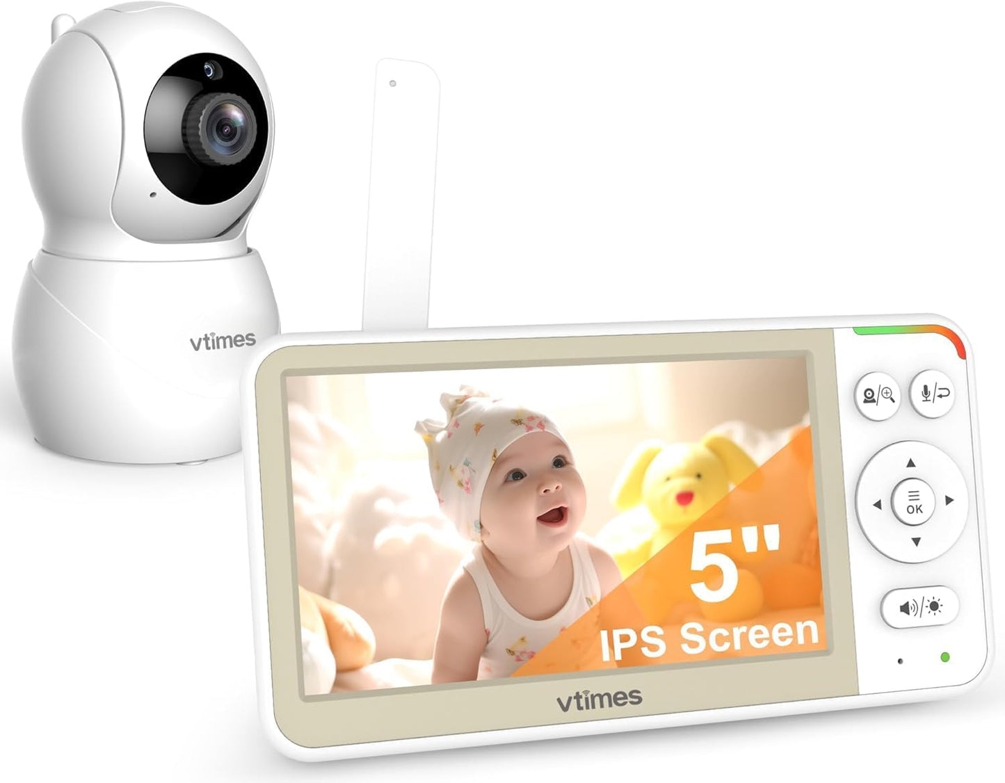 VTimes No WiFi Baby Monitor Camera & Auido, 5" Screen with 30Hr Battery Pan-Tilt-Zoom, VOX Mode, Two-Way Audio, Night Vision, 1000ft Long Range，Temperature Alert, Lullabies,French & English